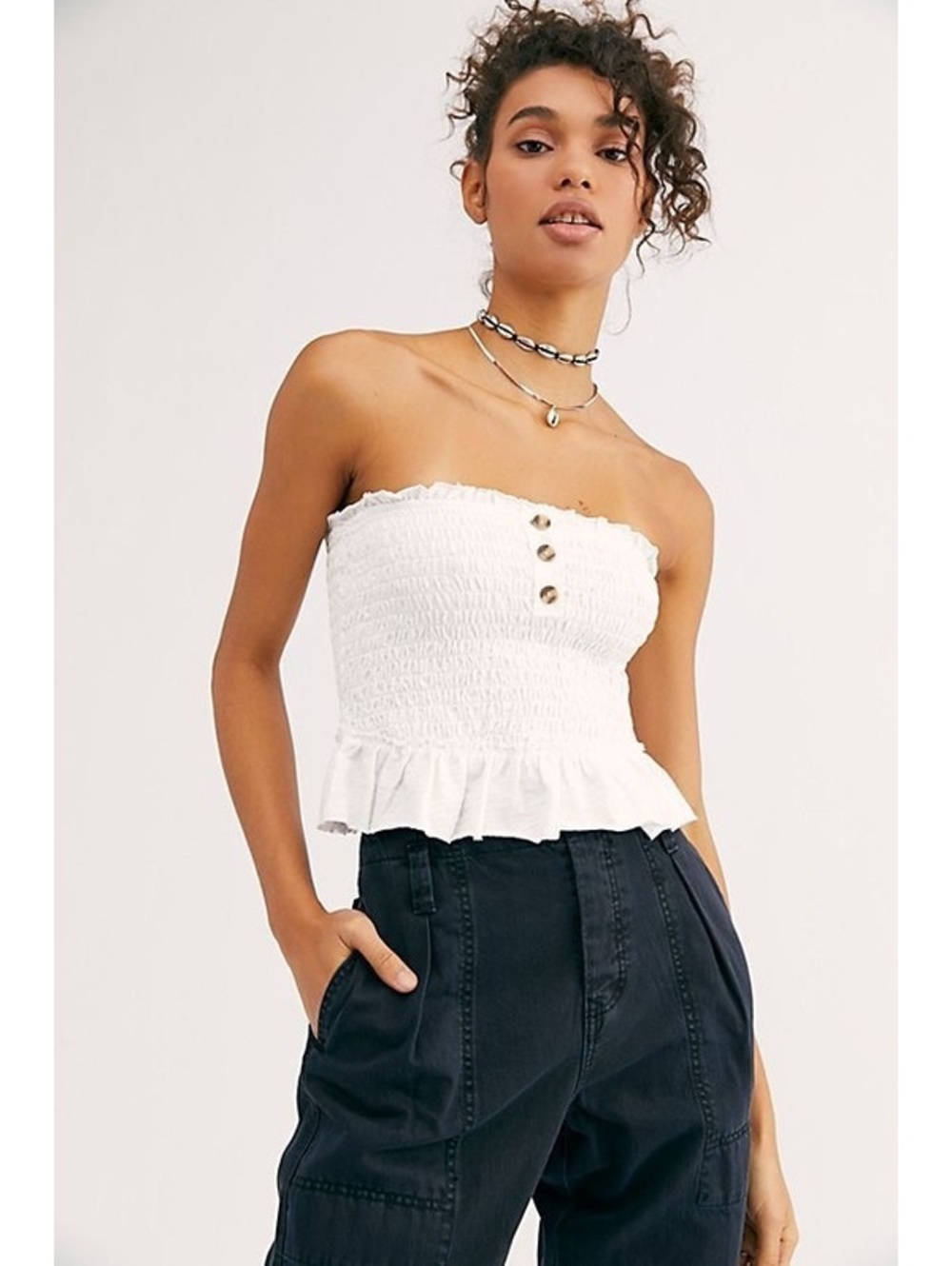 We The Free White Strapless Smocked Ruffle Crop Top